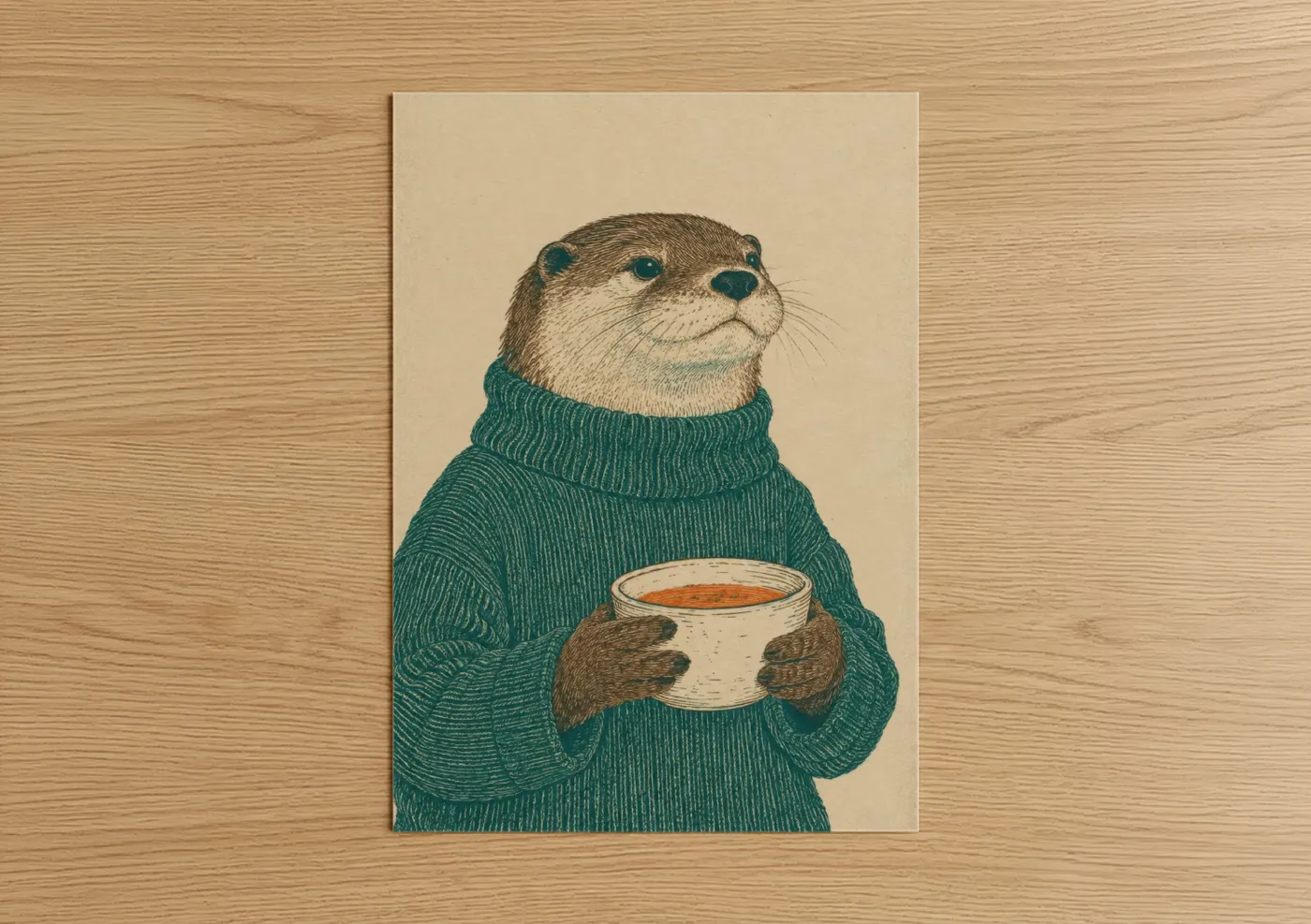 Sea life art print on warm oak wood — teal and beige palette — Otter Holding Coffee Cup Wall Art poster