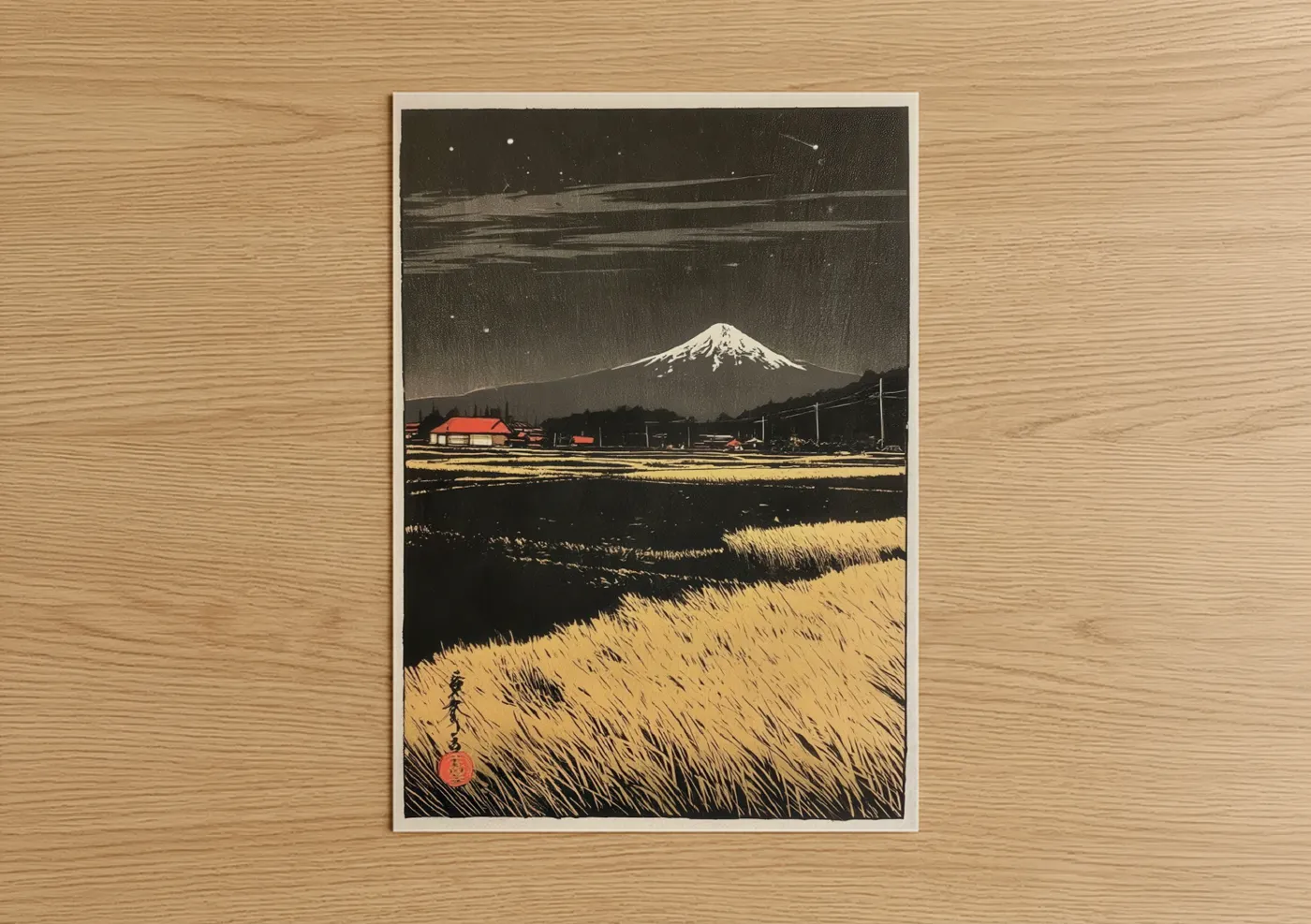 Mount Fuji Snow Night Woodblock Landscape Wall Art