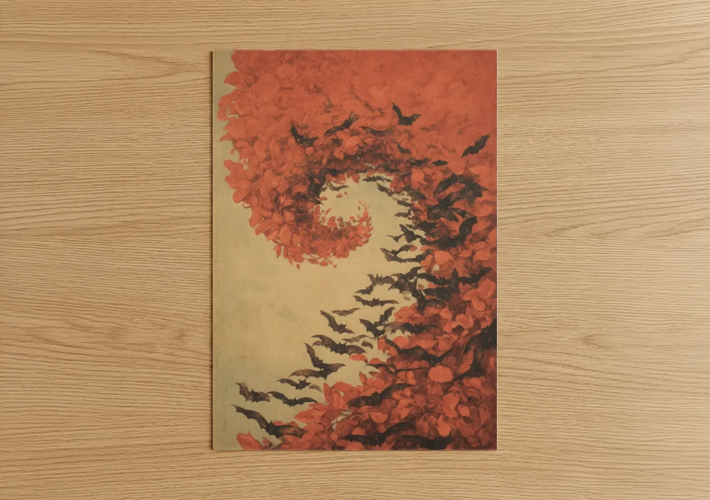 Art print on warm oak wood — russet and cream palette — Crimson Bat Flight poster