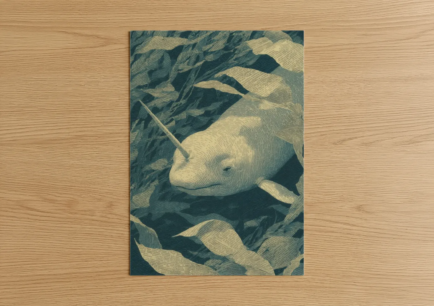 Art print on warm oak wood — blue and gold and dark blue palette — Narwhal Dreams poster