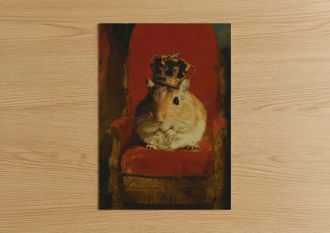 Art print on warm oak wood — red and gold and white palette — Royal Gerbil poster