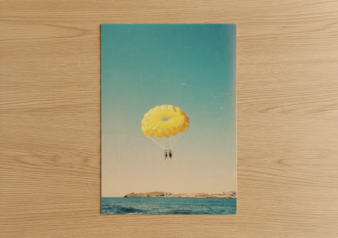 Parasailing art print on warm oak wood — teal and gold palette — Golden Parasail poster