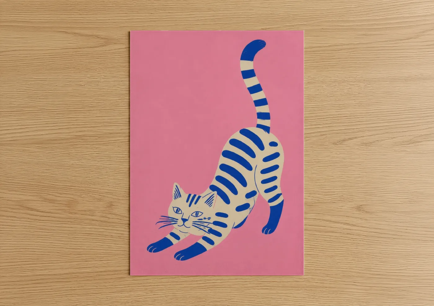 Art print on warm oak wood — pink and blue palette — Playful Stretching Cat Wall Art poster