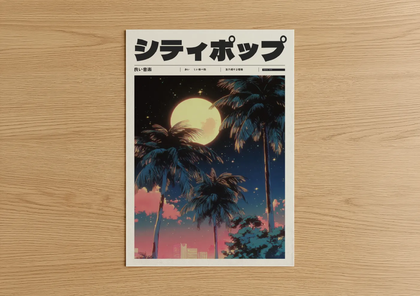 Neon Palm Night Anime Moonrise Wall Art