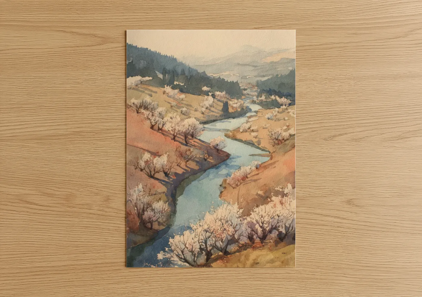 Art print on warm oak wood — cream and blue palette — Spring River Valley poster
