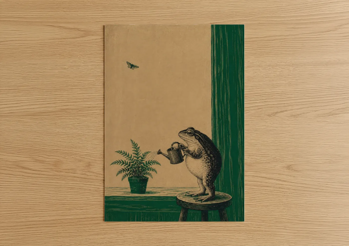 Frogs and toads art print on warm oak wood — beige and true green palette — Japanese Frog Garden Scene Wall Art poster