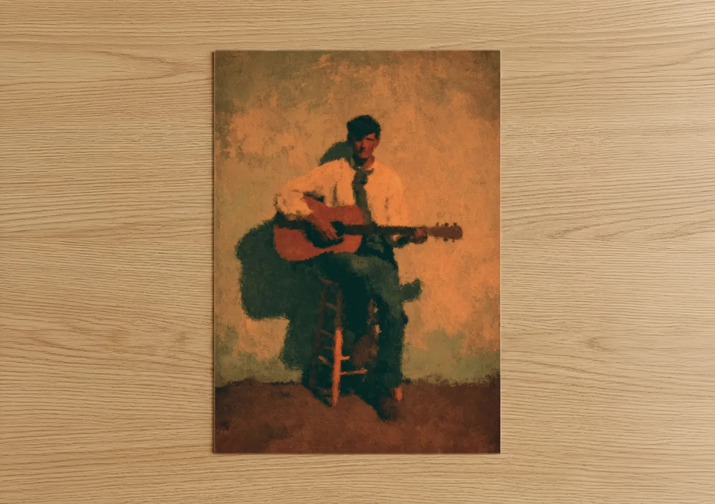 Musician art print on warm oak wood — gold and brown palette — Acoustic Guitarist poster