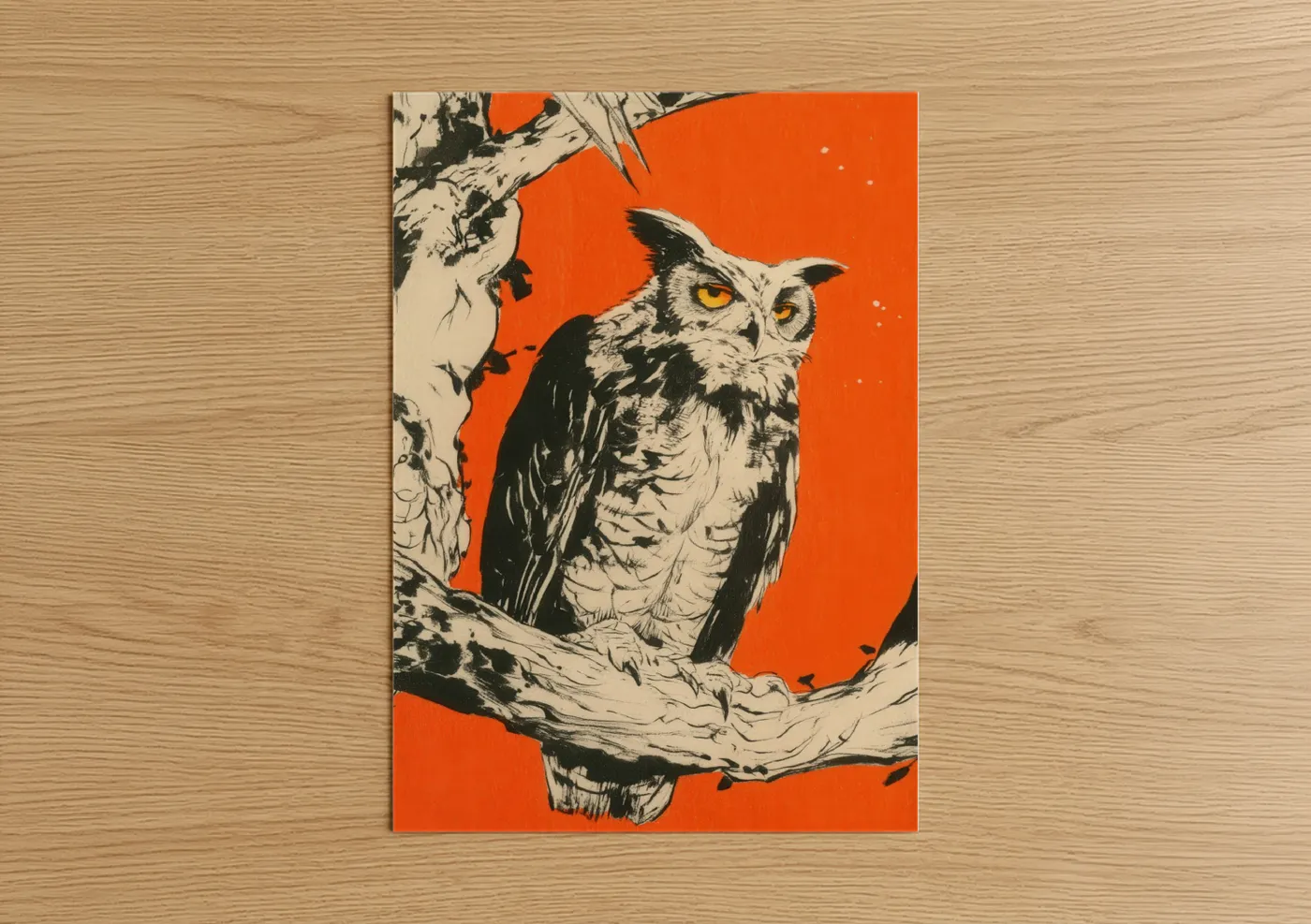 Art print on warm oak wood — orange and black and white palette — Golden Owl Branch poster