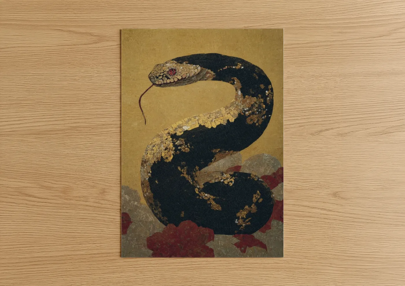 Art print on warm oak wood — gold and black and gold palette — Golden Viper poster