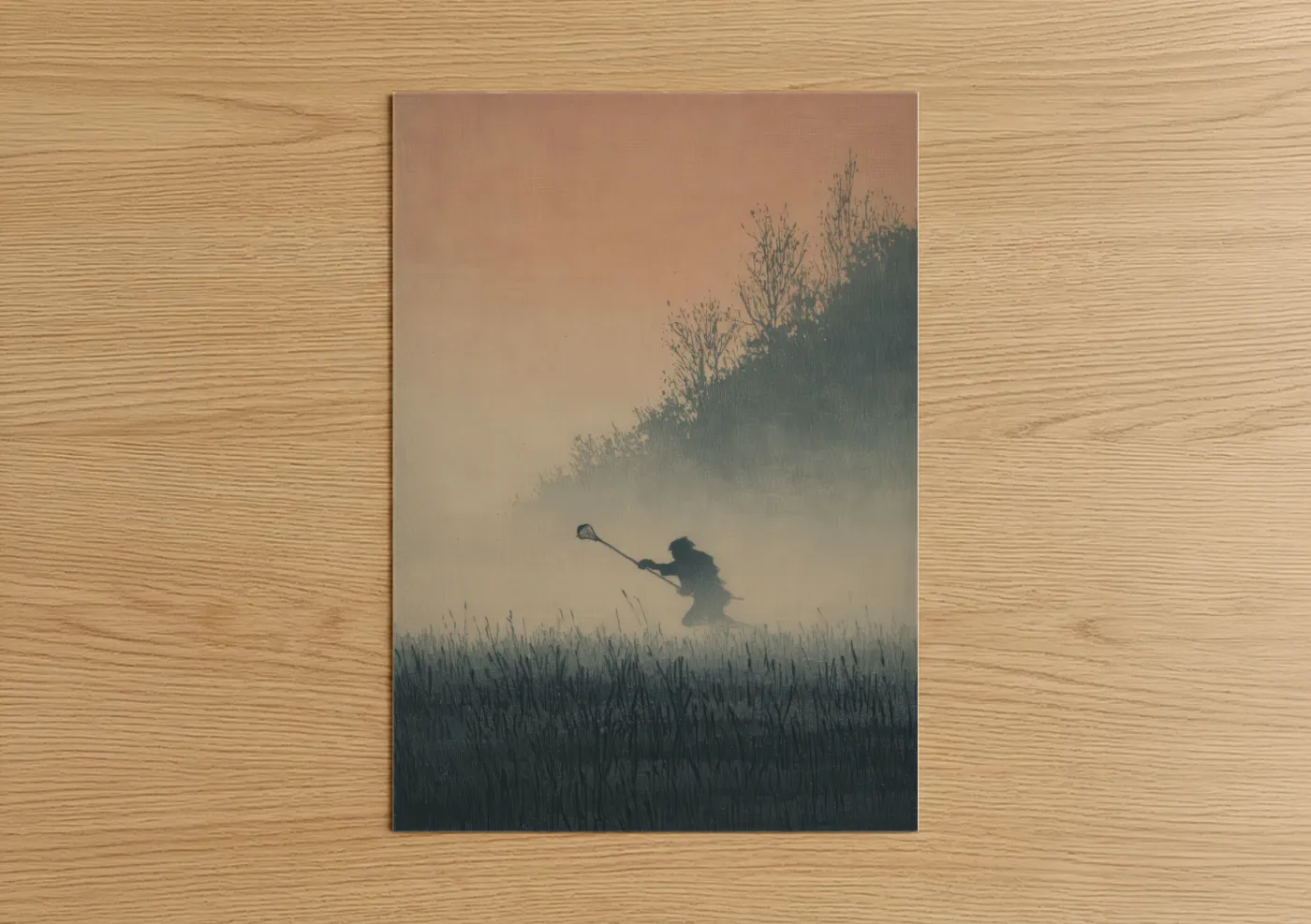 Art print on warm oak wood — beige and dove gray palette — Misty Lacrosse poster