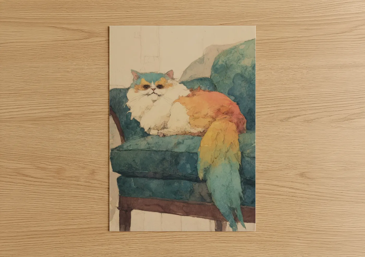 Art print on warm oak wood — teal and cream palette — Colorful Lounging Cat poster