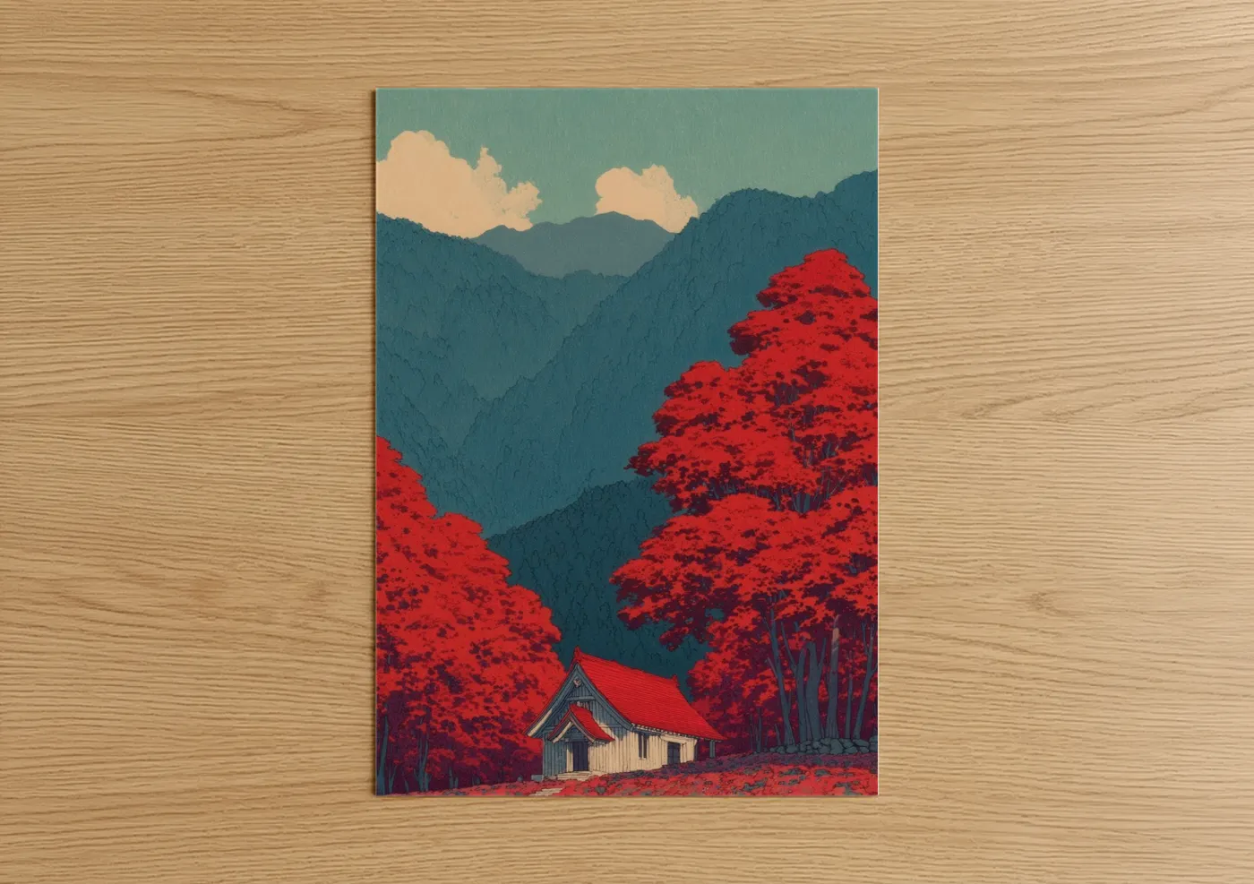 Churches and chapels art print on warm oak wood — teal and red palette — Crimson Chapel Valley poster