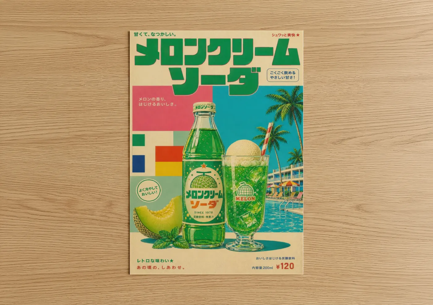 Vintage japanese ads art print on warm oak wood — green and blue palette — Vintage Japanese Melon Soda Advertisement Wall Art poster