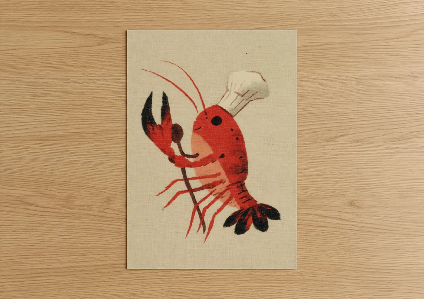 Art print on warm oak wood — red and cream palette — Crimson Crayfish poster