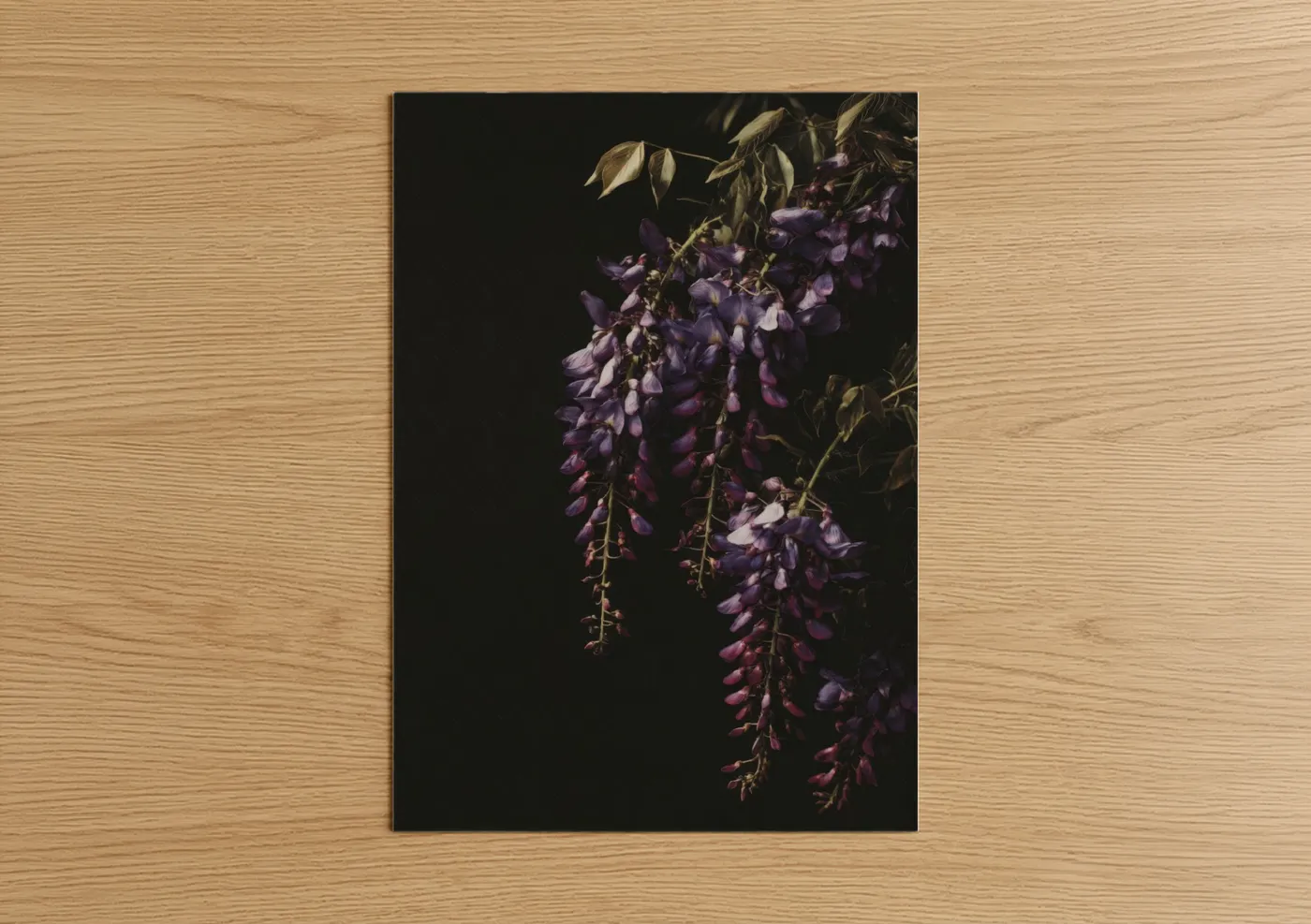 Art print on warm oak wood — purple and gold palette — Cascading Wisteria poster