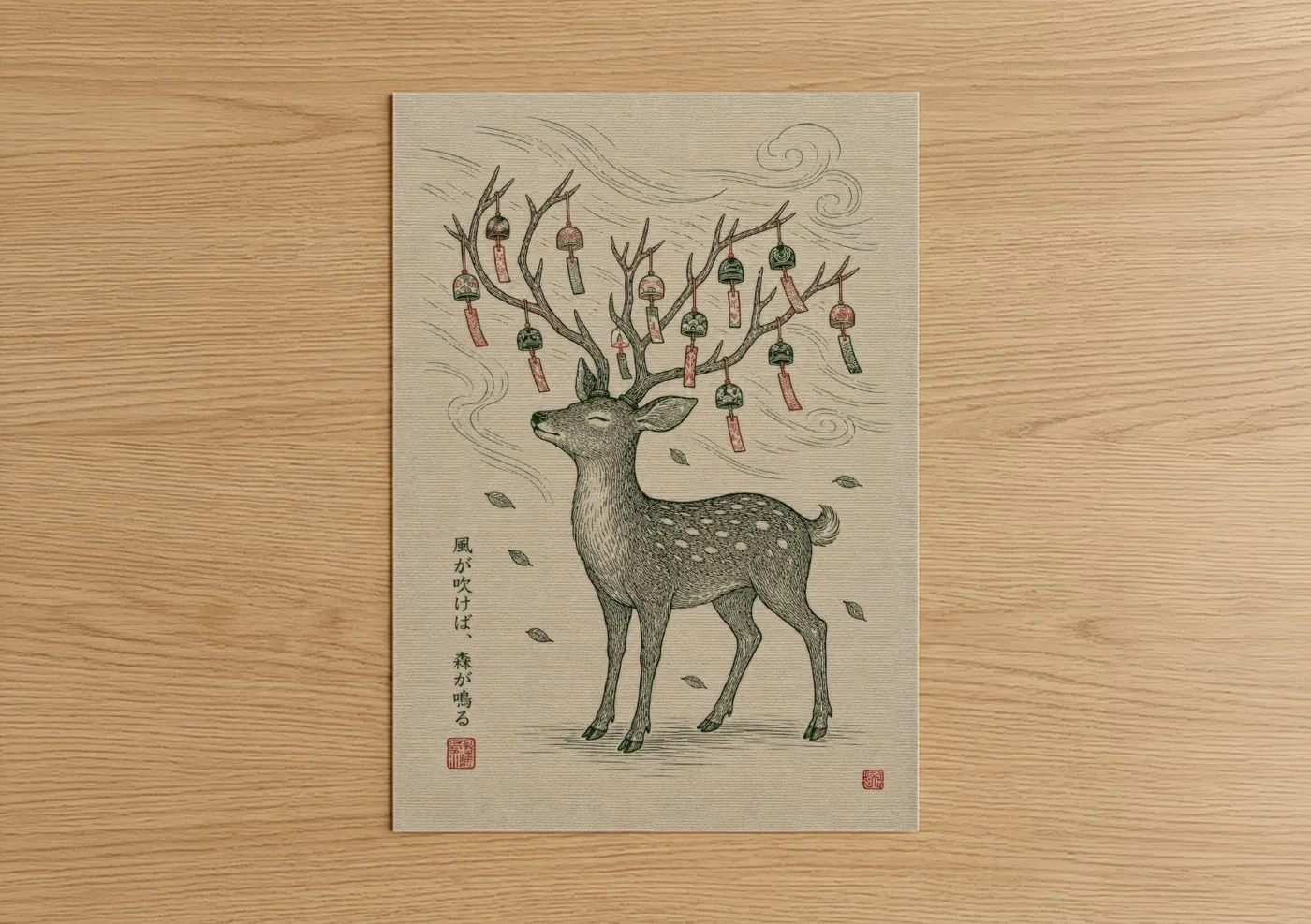Art print on warm oak wood — beige and green palette — Japanese Deer With Wind Chimes Wall Art poster