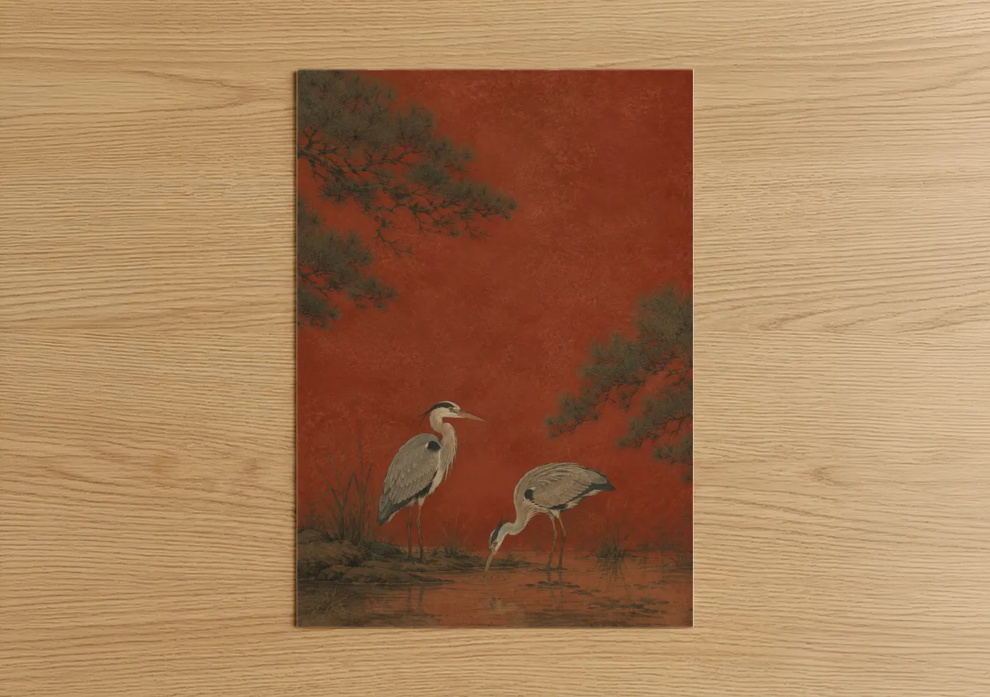 Art print on warm oak wood — russet and gray palette — Japanese Heron Zen Nature Wall Art poster