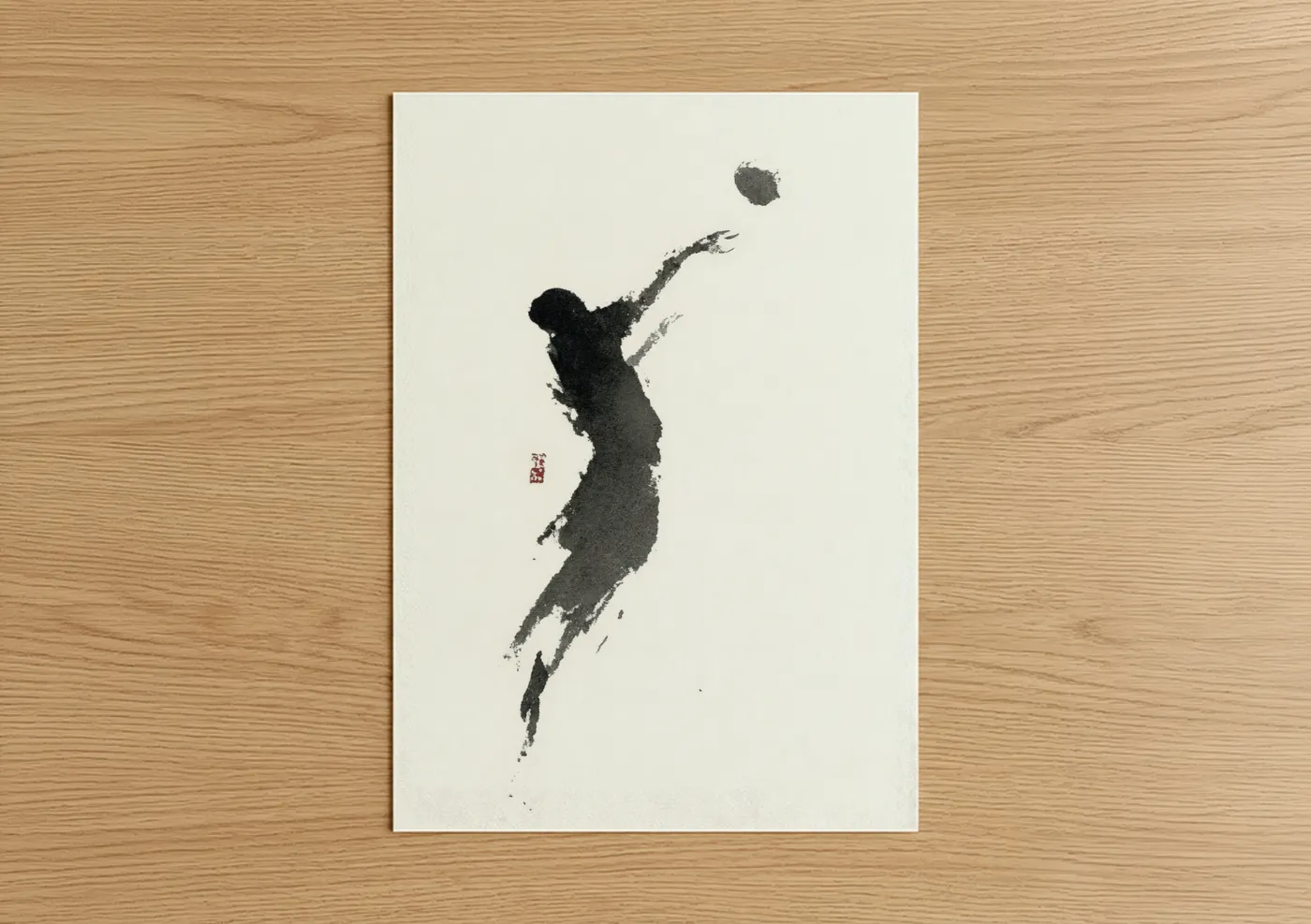 Art print on warm oak wood — black and white and gray palette — Jumping Volleyball Player poster