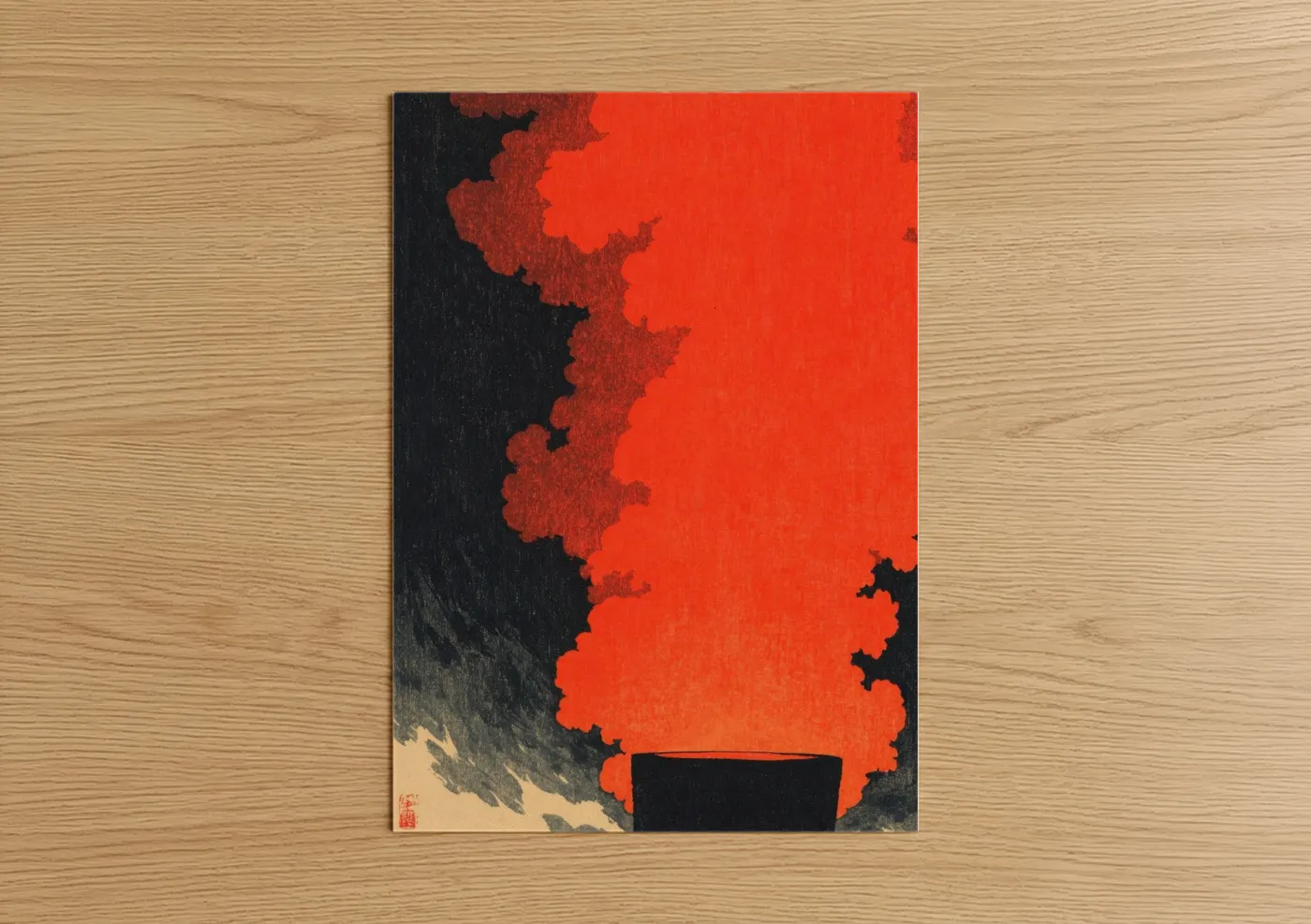 Art print on warm oak wood — red and black palette — Crimson Fireplace poster
