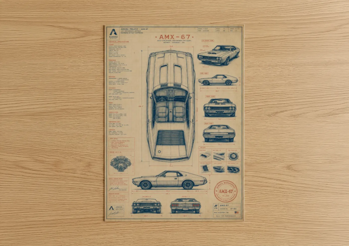 Art print on warm oak wood — blue and beige palette — AMX-67 Classic Muscle Car Blueprint Wall Art poster