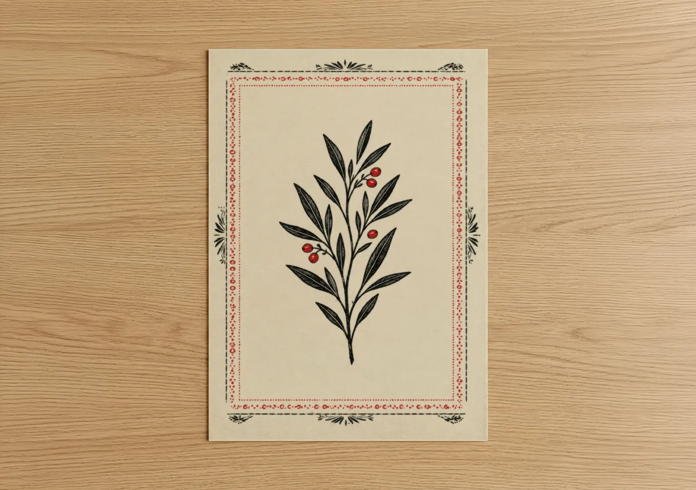 Leaf art print on warm oak wood — black and white and red palette — Botanical Branch With Berries Wall Art poster
