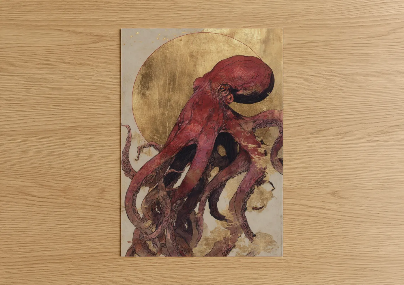 Crimson Octopus Gold Leaf Illustration Wall Art