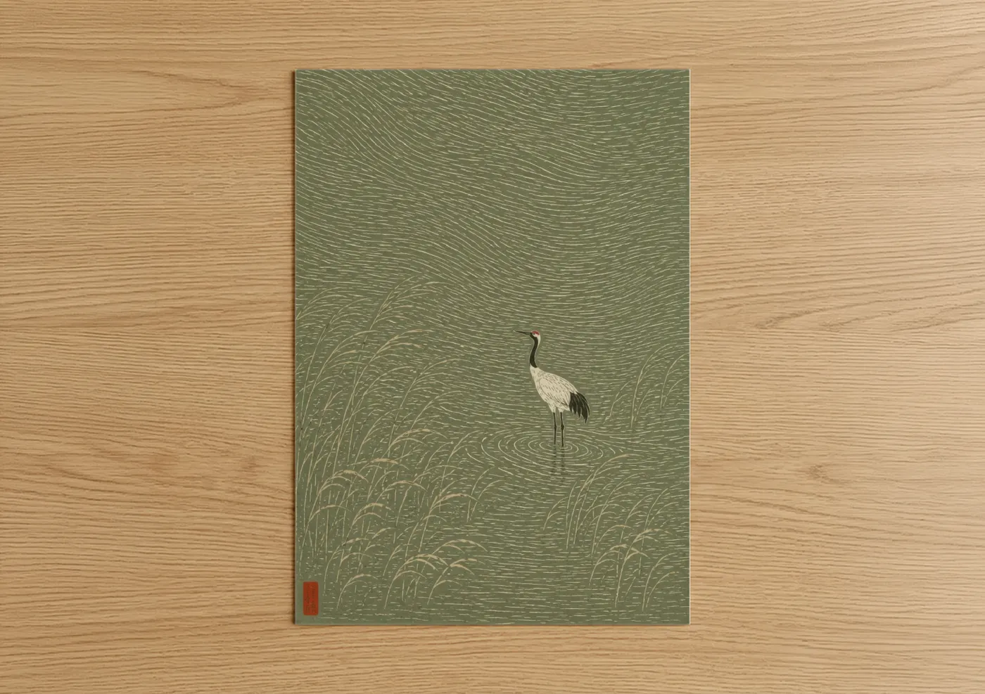 Art print on warm oak wood — olive and sage green palette — Japanese Crane in Pond Wall Art poster