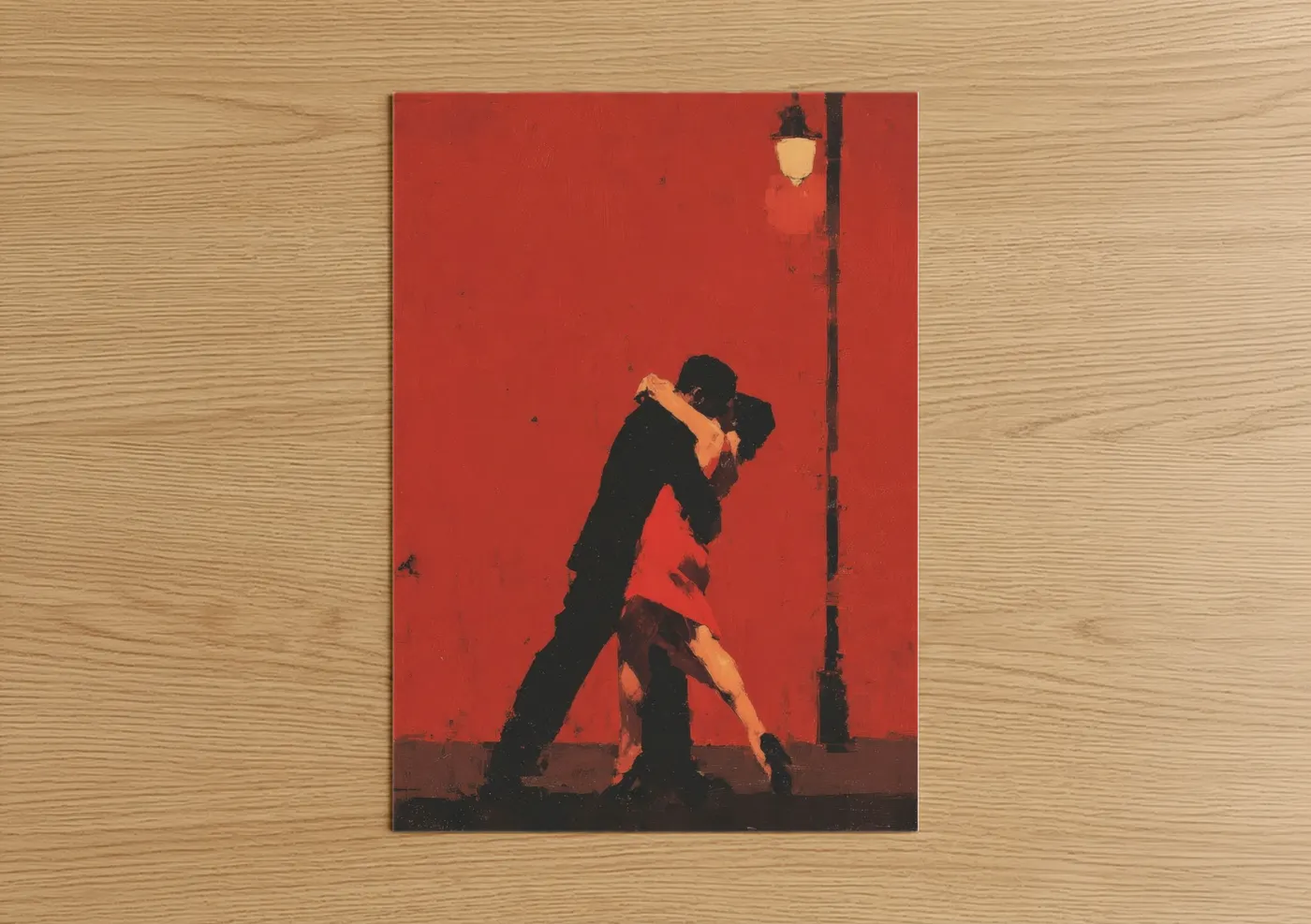 Ballroom dance art print on warm oak wood — red and black palette — Crimson Tango Embrace poster