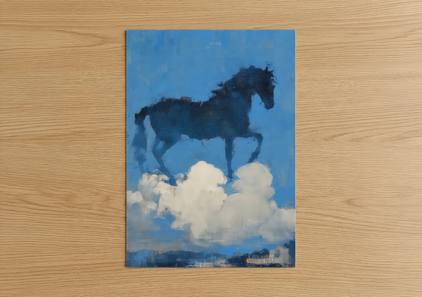Andalusian horse art print on warm oak wood — blue and white palette — Celestial Andalusian poster