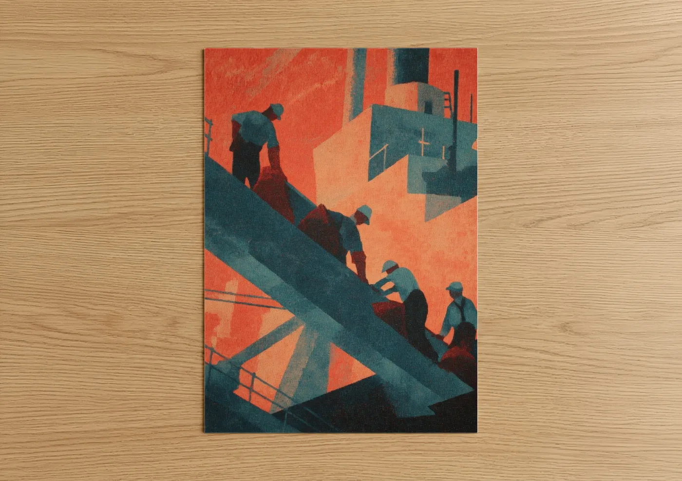 Art print on warm oak wood — red and teal palette — Industrial Labor Day poster