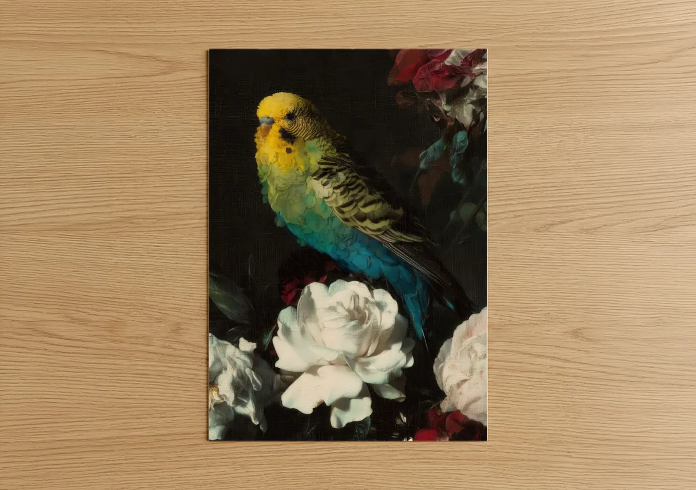 Budgeridar art print on warm oak wood — blue and gold palette — Rainbow Budgie poster