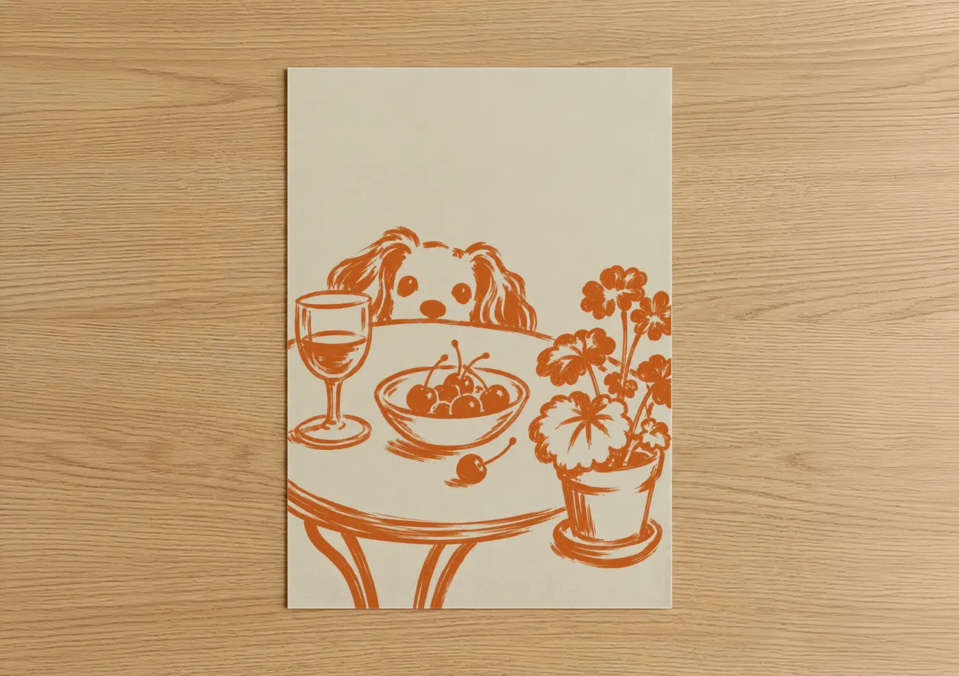 Art print on warm oak wood — orange and beige palette — Curious Spaniel at Table Wall Art poster