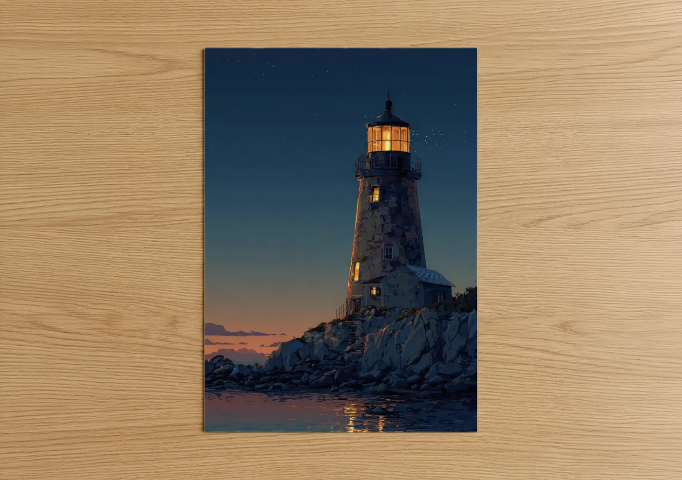 Illuminated Lighthouse Twilight Scene Wall Art