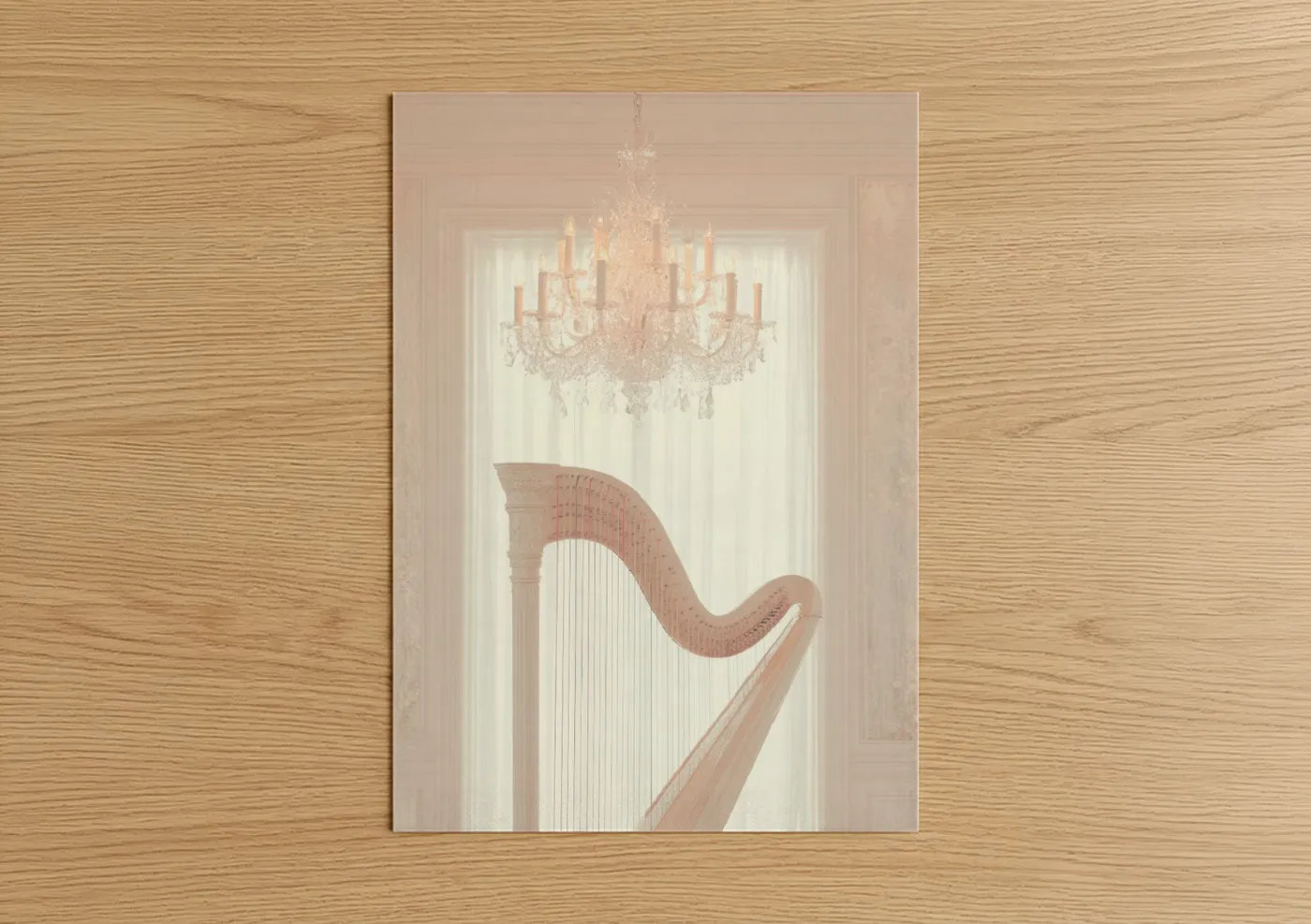 Art print on warm oak wood — peach and cream palette — Elegant Harp poster
