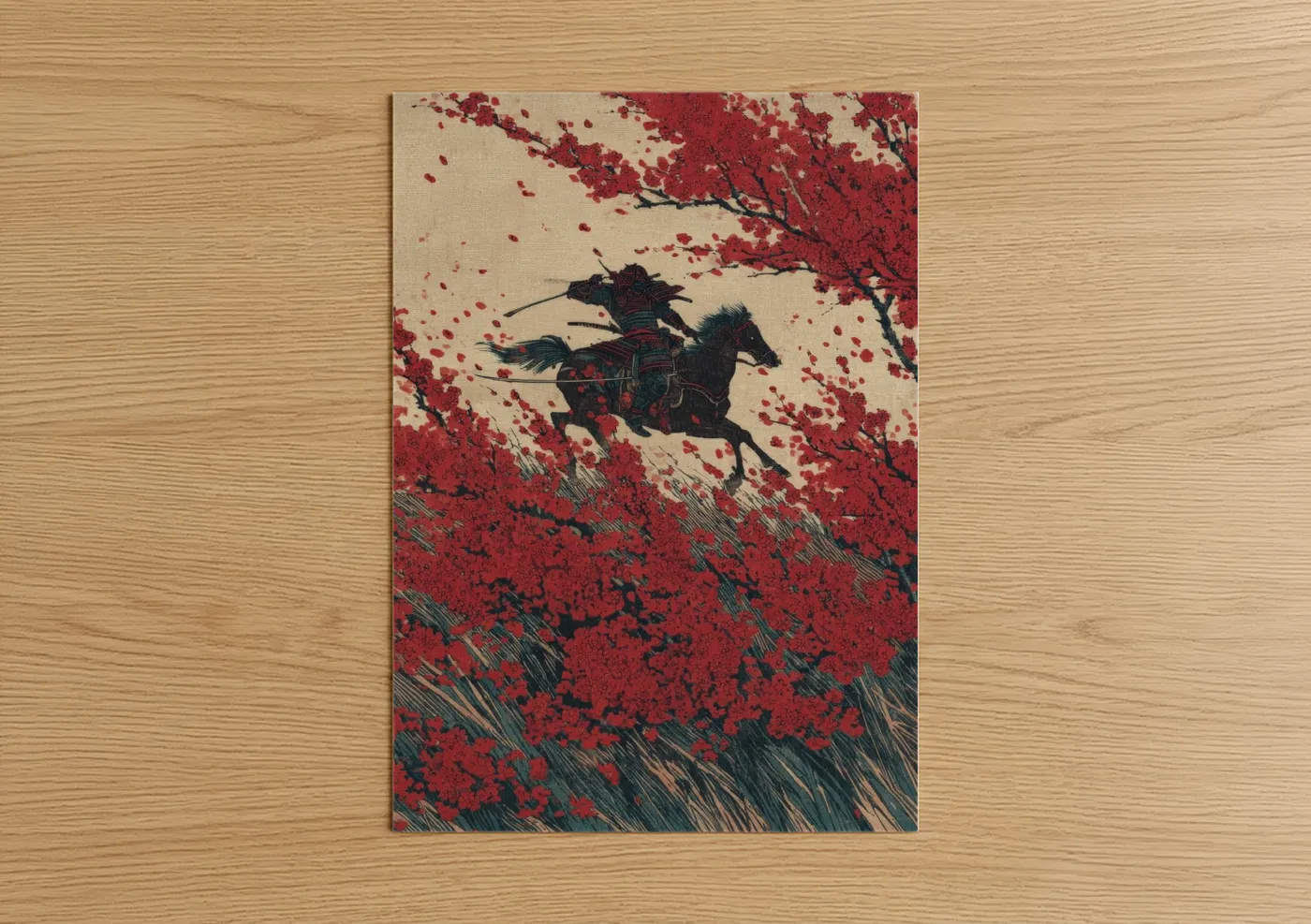 Horseback art print on warm oak wood — red and black and white palette — Crimson Warrior poster
