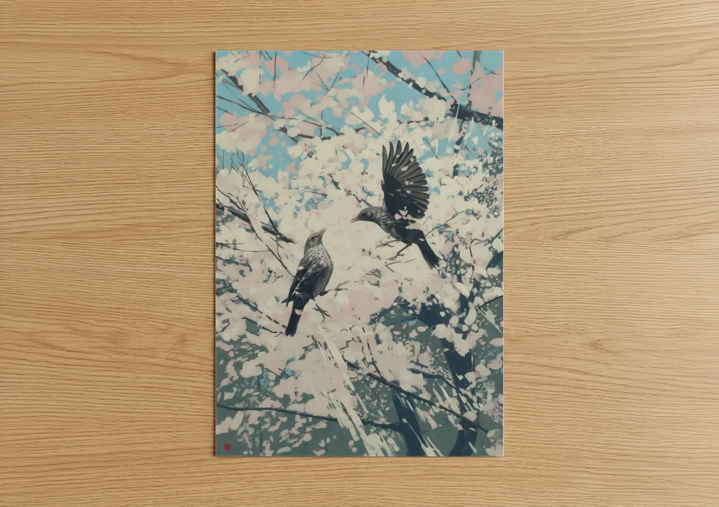 Art print on warm oak wood — blue and cream palette — Ascending Thrush poster