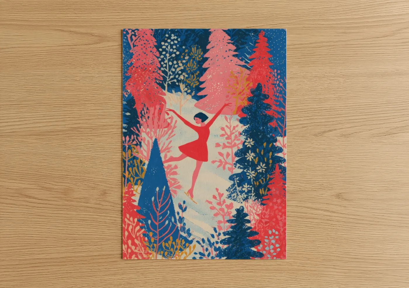 Ice skating art print on warm oak wood — red and blue palette — Winter Forest Skater poster