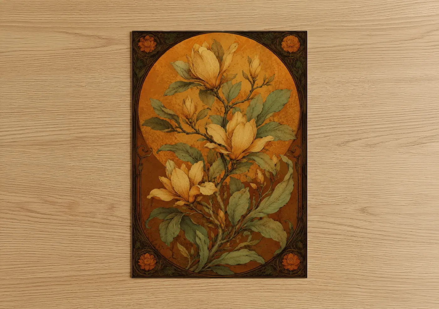 Art print on warm oak wood — gold and brown palette — Vintage Magnolia Botanical Wall Art poster