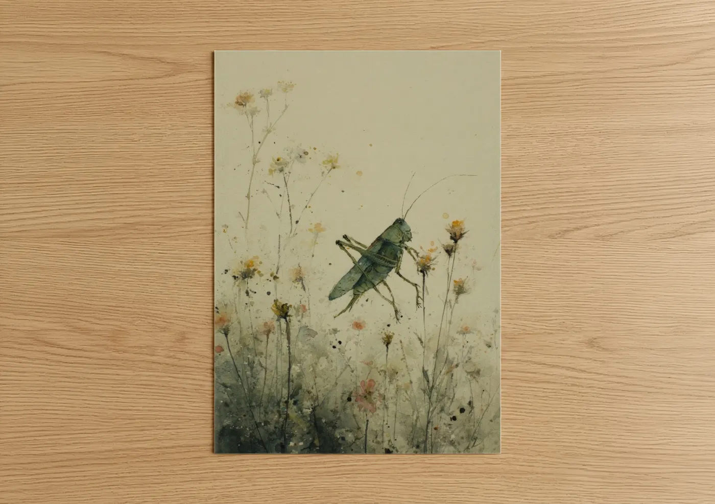 Art print on warm oak wood — cream and sage green palette — Garden Grasshopper poster