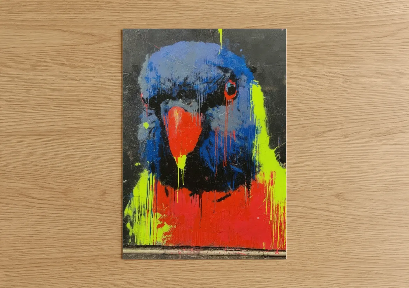 Safari parrots art print on warm oak wood — blue and red palette — Neon Parrot poster