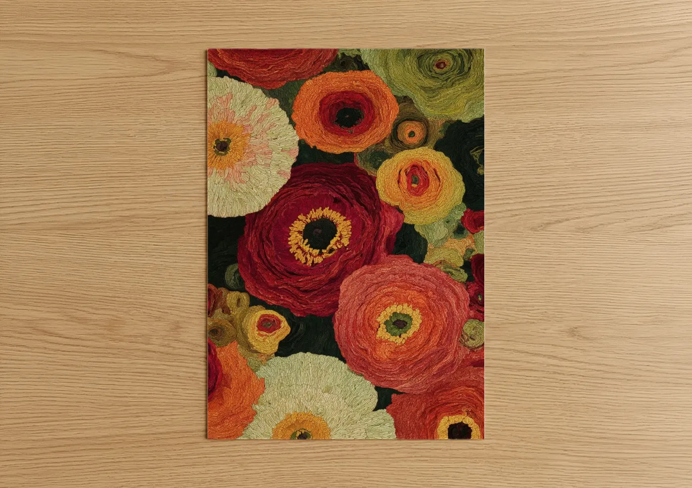 Art print on warm oak wood — red and gold palette — Vibrant Ranunculus Blooms poster