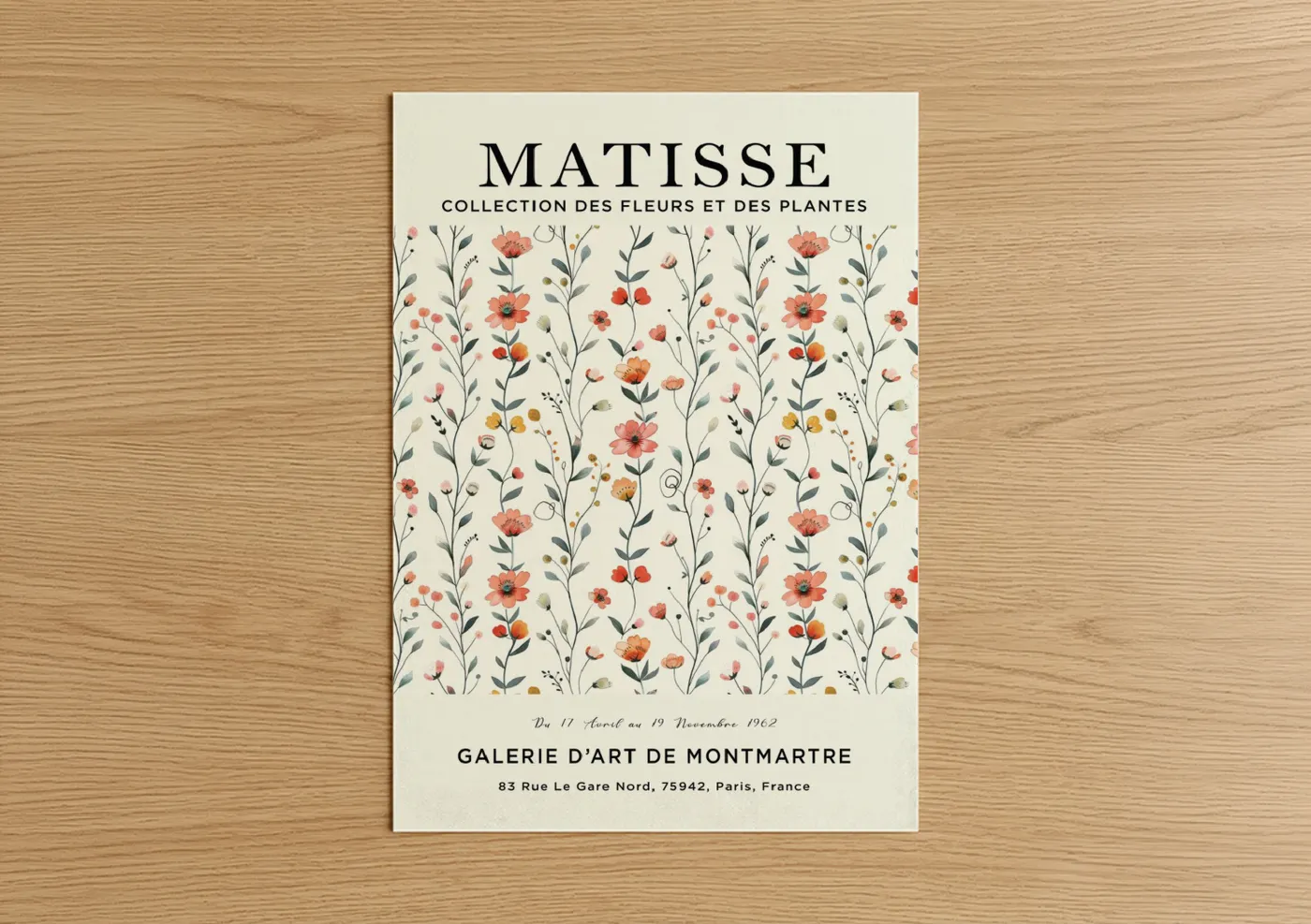 Abstract flower art print on warm oak wood — peach and gold palette — Matisse Botanicals poster