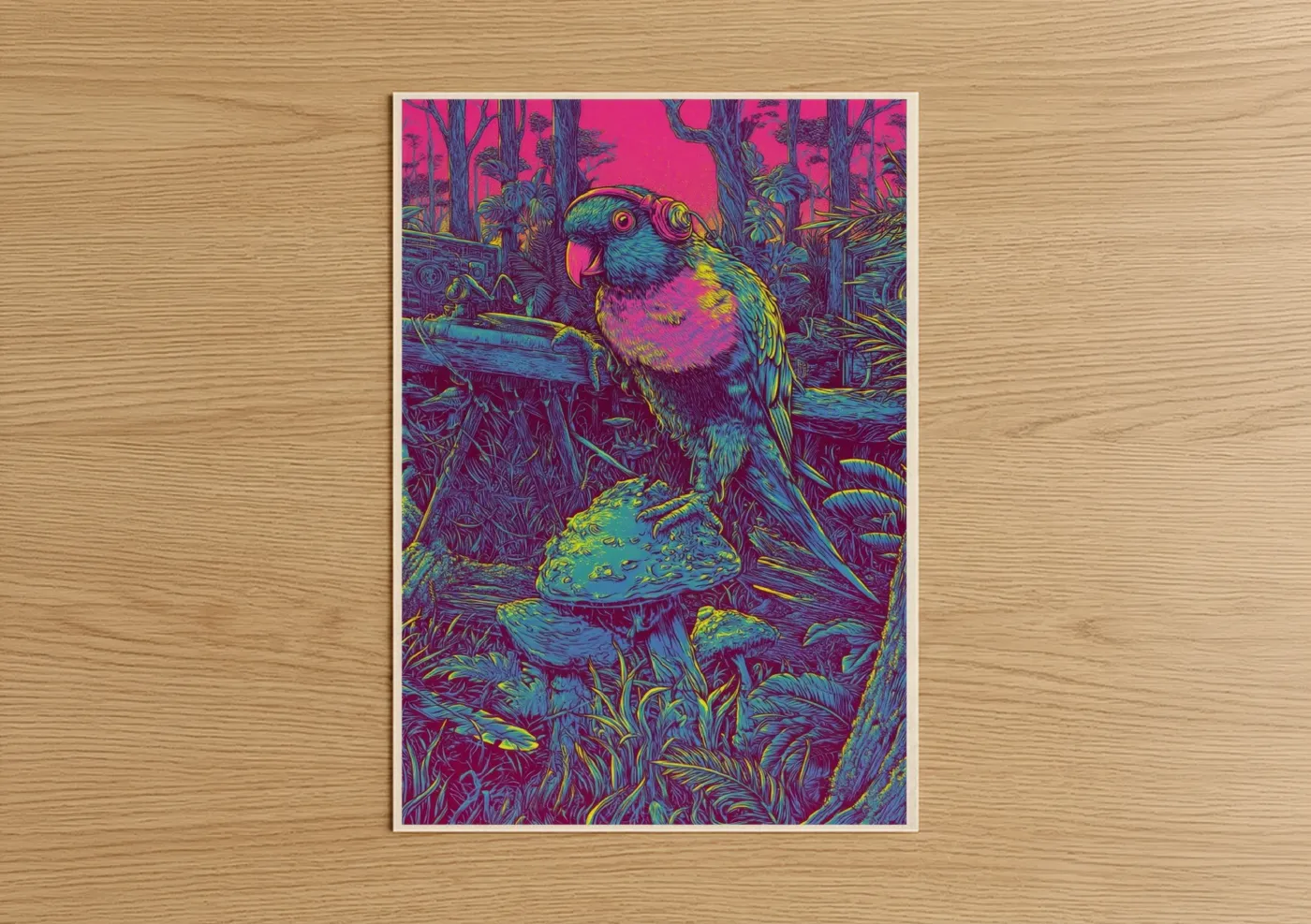 Rainbow lorikeet art print on warm oak wood — magenta and blue palette — Neon Lorikeet poster