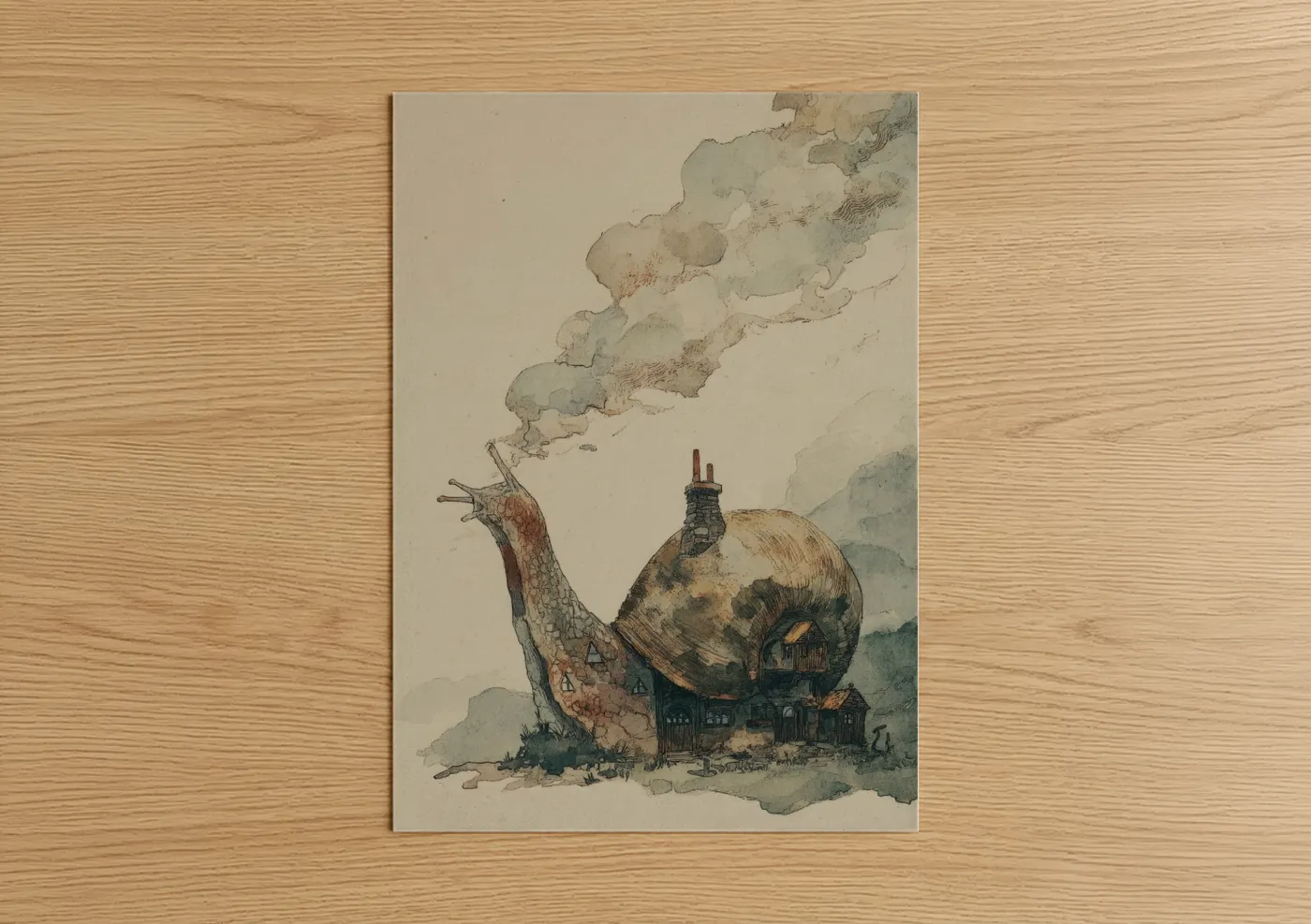 Art print on warm oak wood — beige and sage green palette — Snail House poster