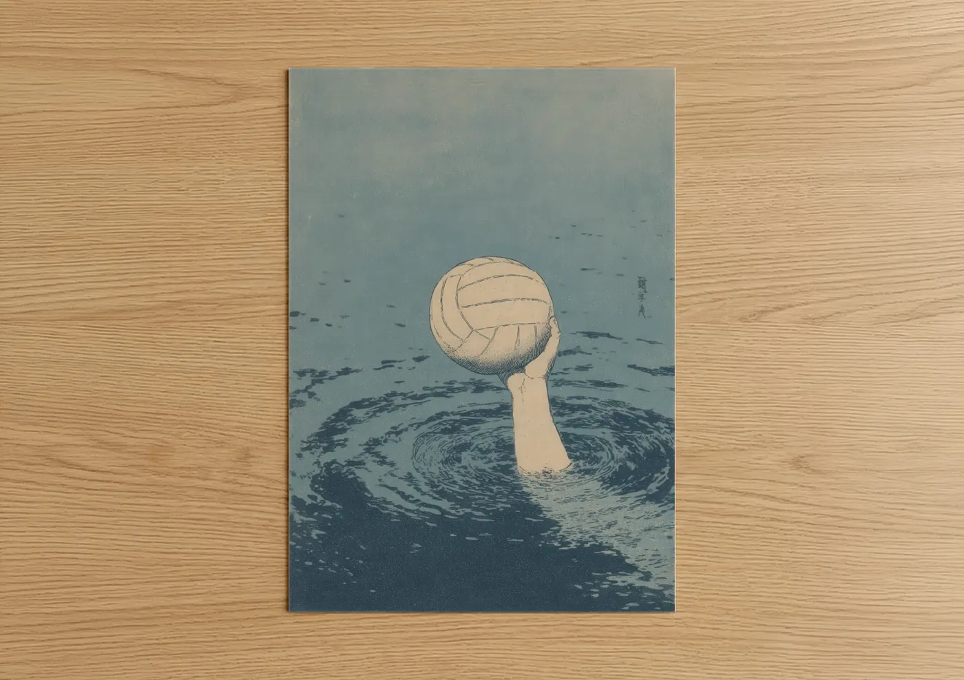 Art print on warm oak wood — blue and white and cream palette — Water Polo Victory poster