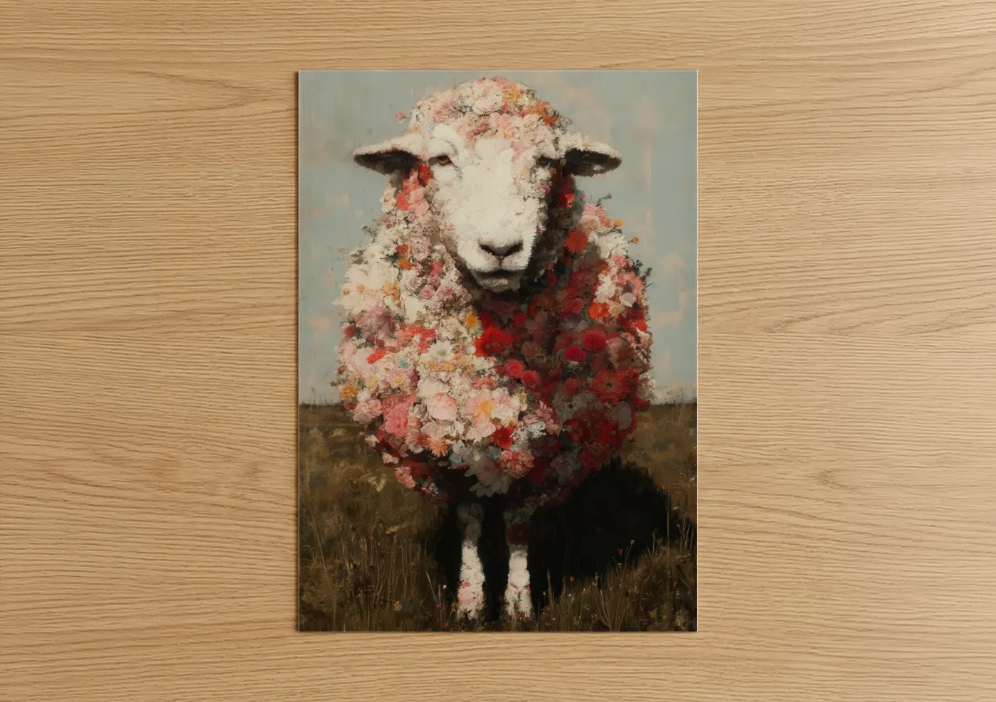 Art print on warm oak wood — salmon pink and cream palette — Floral Sheep Portrait poster