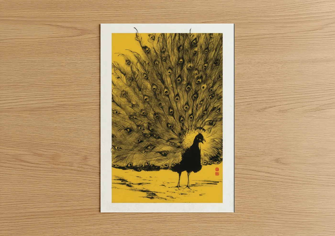 Art print on warm oak wood — gold and black palette — Golden Peacock poster