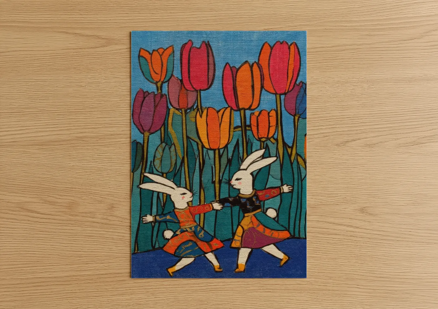 Whimsical Dancing Rabbits Tulip Field Wall Art