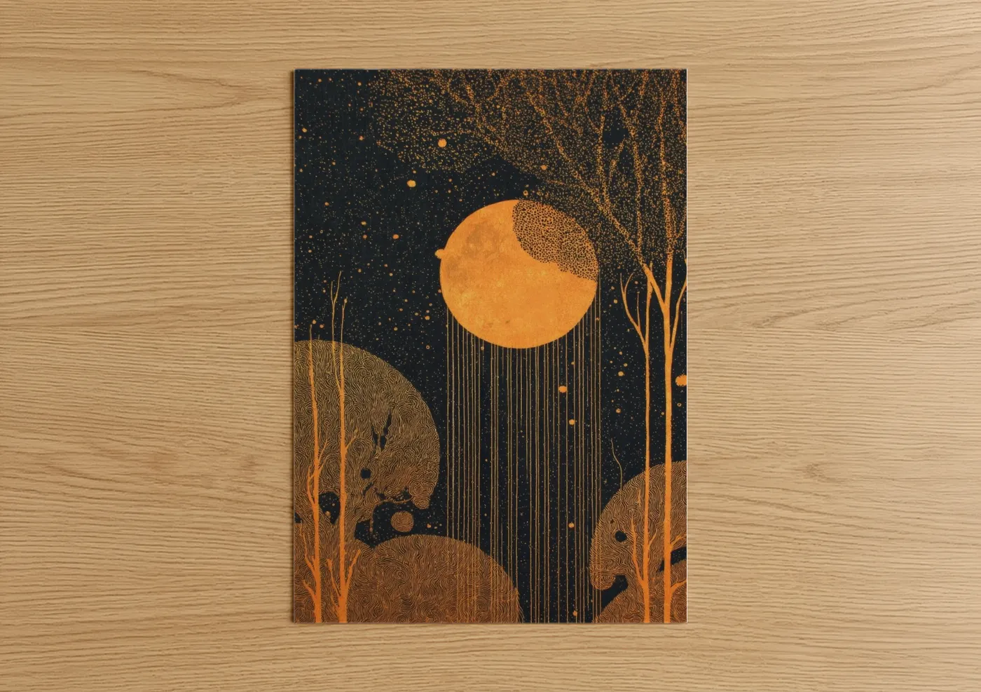 Golden Moon Forest Night Sky Wall Art