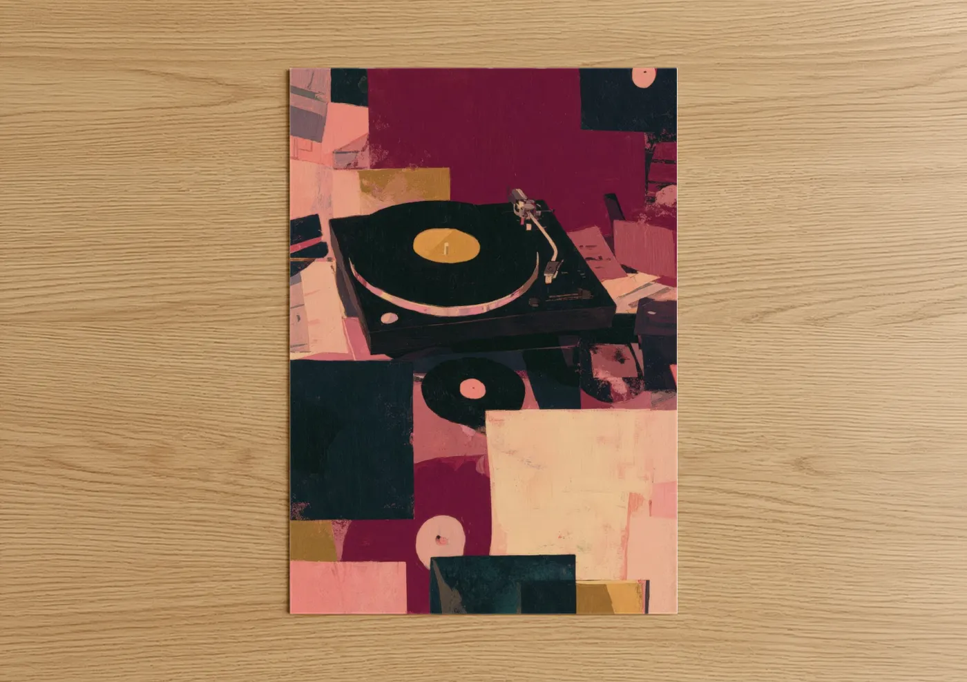 Vinyl records art print on warm oak wood — maroon and salmon pink palette — Retro Turntable poster